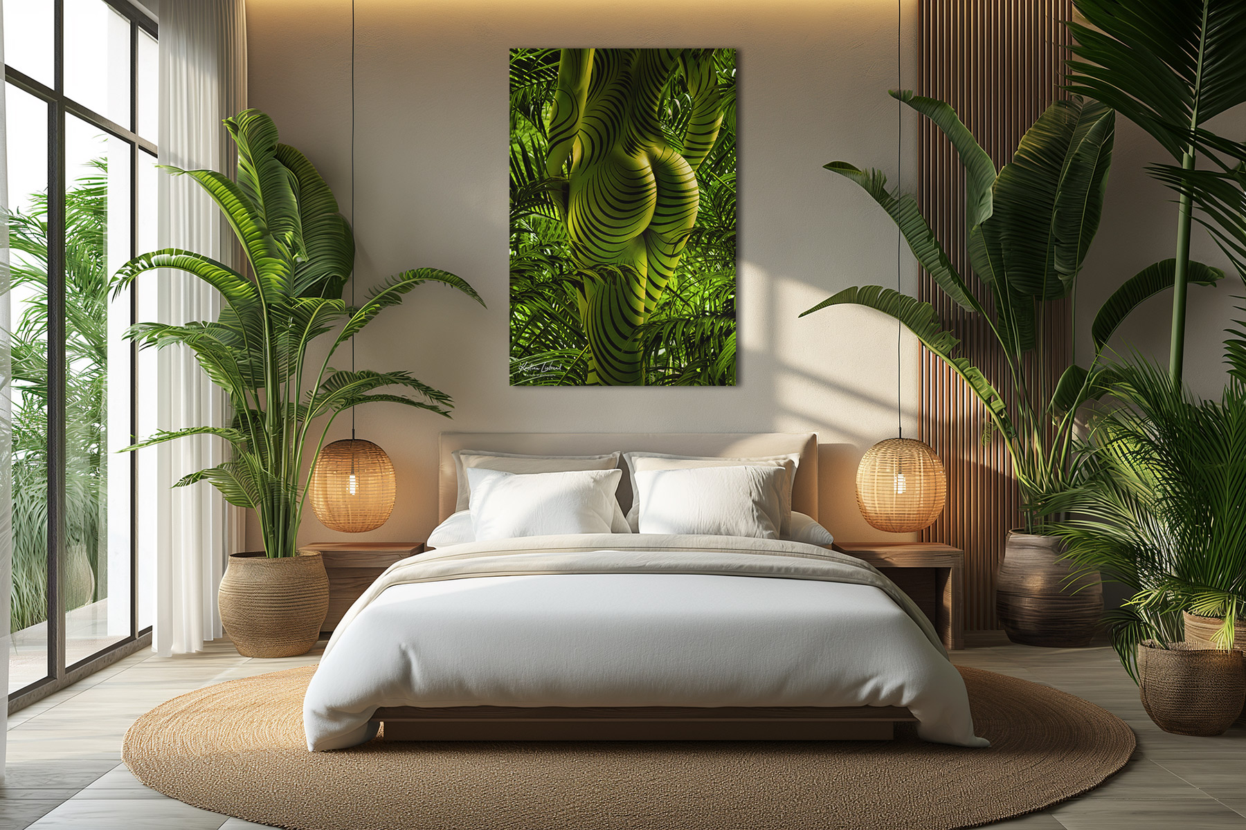 Fotokunst Aktfotografie als Wandbild hier mit Palmen Pflanzen Dschungel Interior Design Idee für Schlafzimmer entdecken